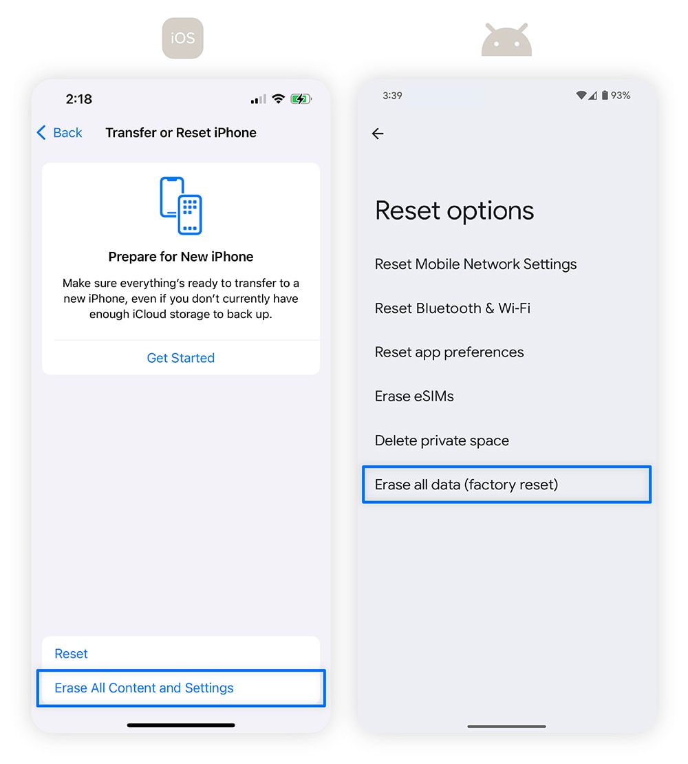 Screenshots che mostrano come eseguire un ripristino di fabbrica su iPhone e Android.