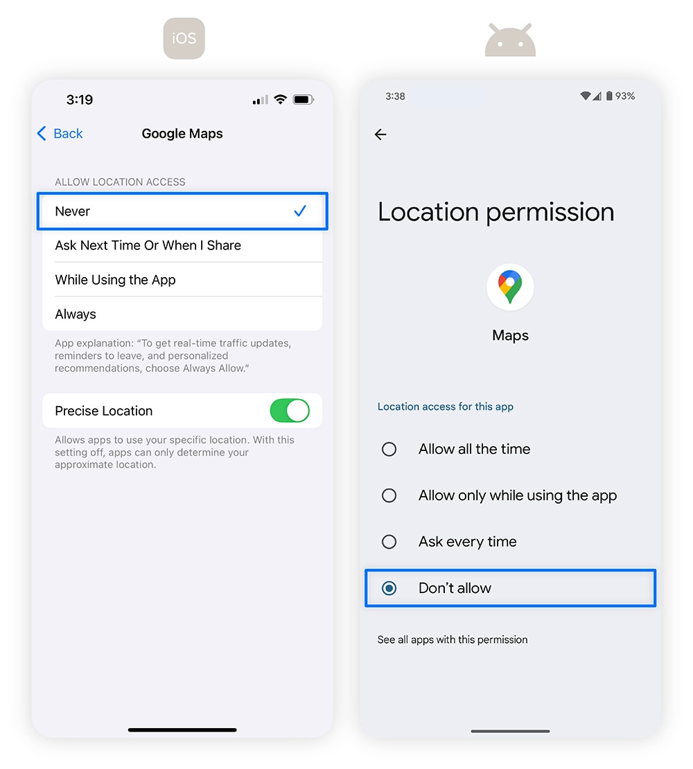 Screenshots che mostrano come disattivare i servizi di localizzazione su iPhone e Android.