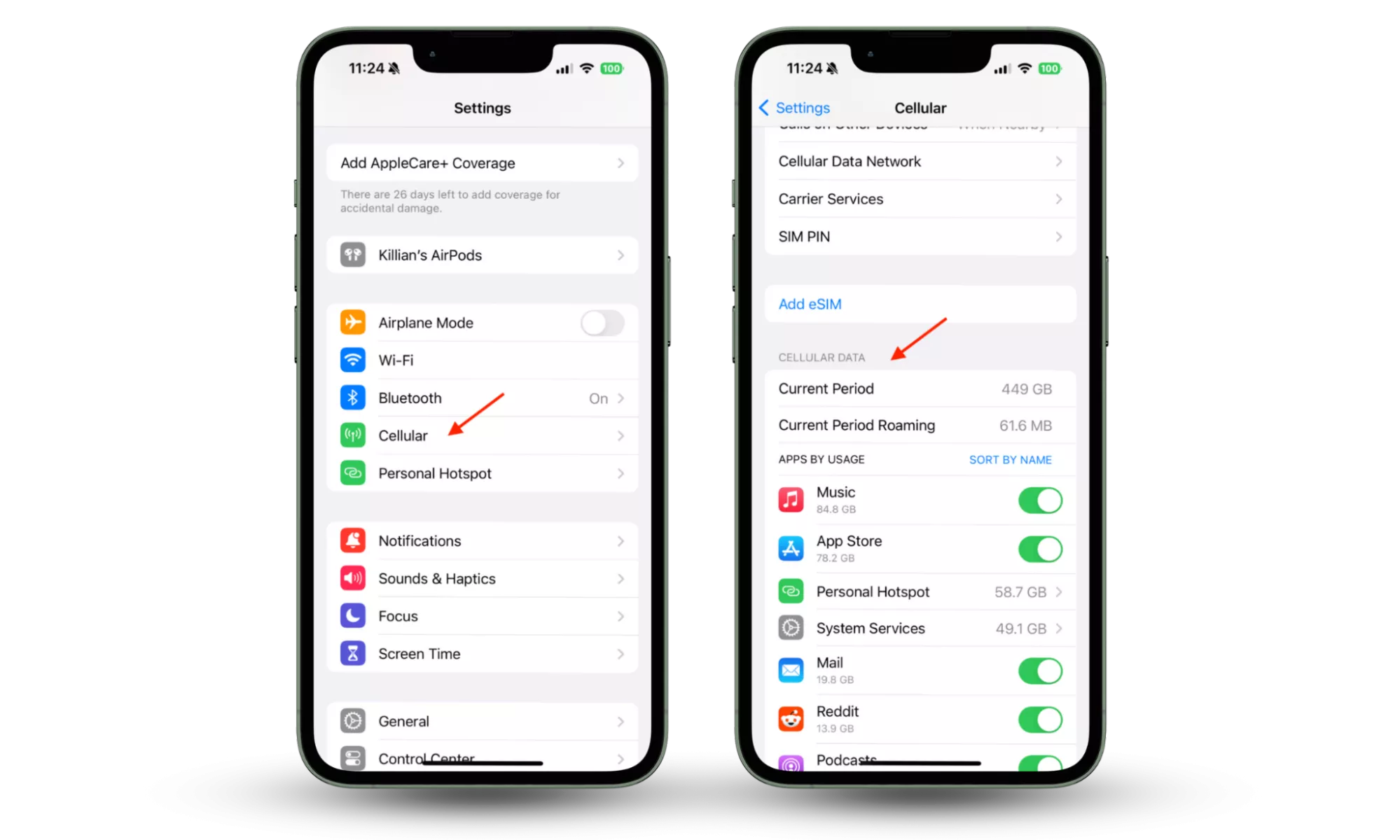 Menu Paramètres sur iPhone montrant l'utilisation des données cellulaires